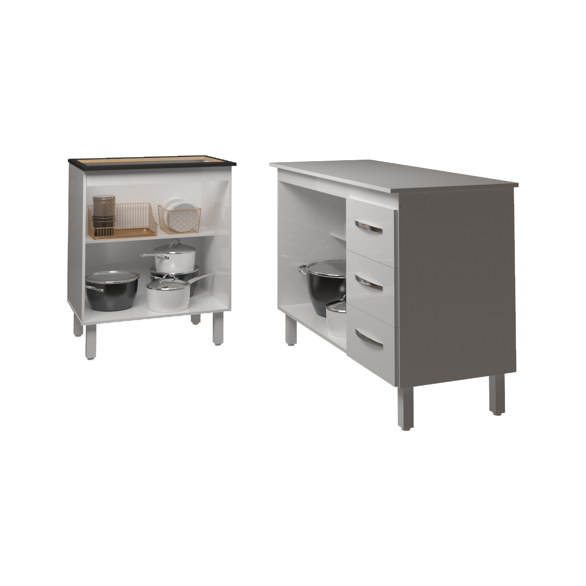 Balcão Para Cooktop 5 Bocas Fran Branco e Armário Bruna 118 cm Cozinha Gabinete Branco com Tampo Tampão Branco 