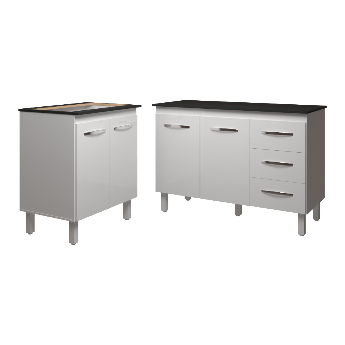 Balcão Para Cooktop 5 Bocas Fran Branco e Armário Bruna 118 cm Cozinha Gabinete Branco com Tampo Tampão Preto 