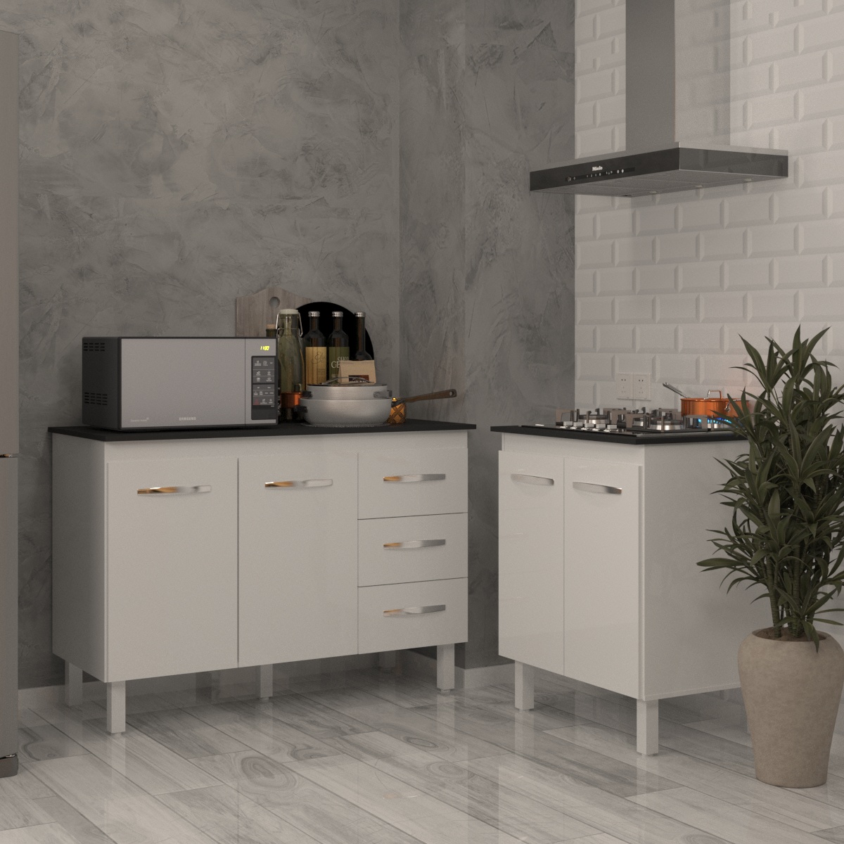 Balcão Para Cooktop 5 Bocas Fran Branco e Armário Bruna 118 cm Cozinha Gabinete Branco com Tampo Tampão Preto 
