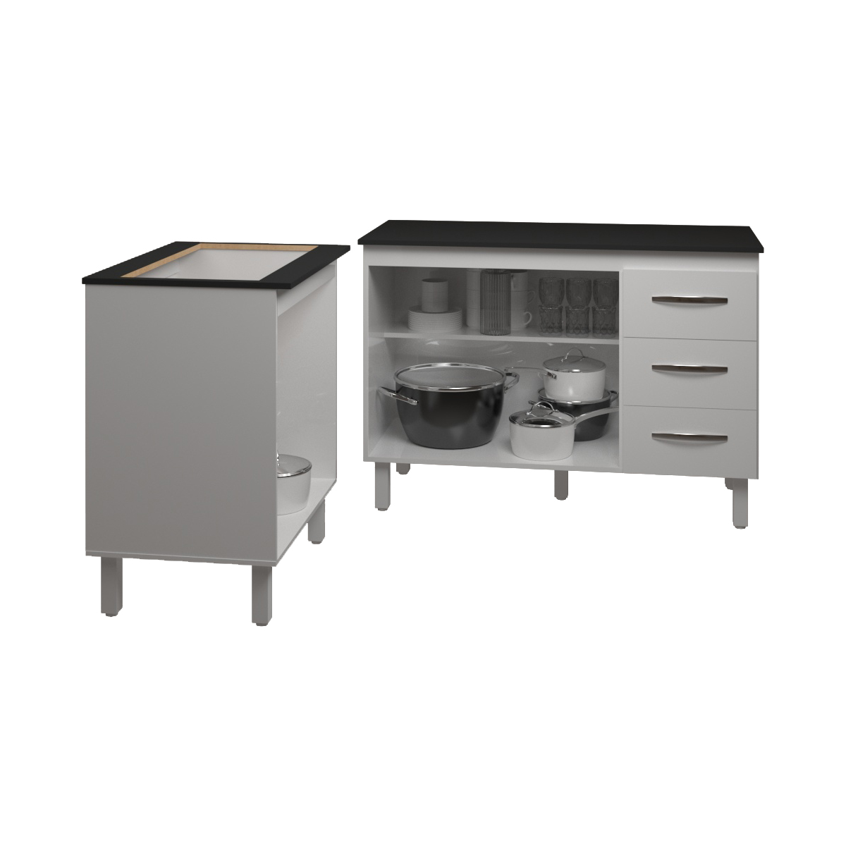 Balcão Para Cooktop 5 Bocas Fran Branco e Armário Bruna 118 cm Cozinha Gabinete Branco com Tampo Tampão Preto 