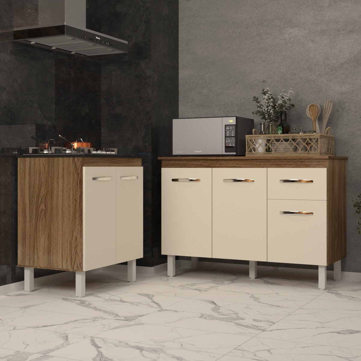 Balcão Para Cooktop 5 Bocas Fran e Armário Aline 118 cm Cozinha Gabinete Savana Off White com Tampo Tampão Savana 