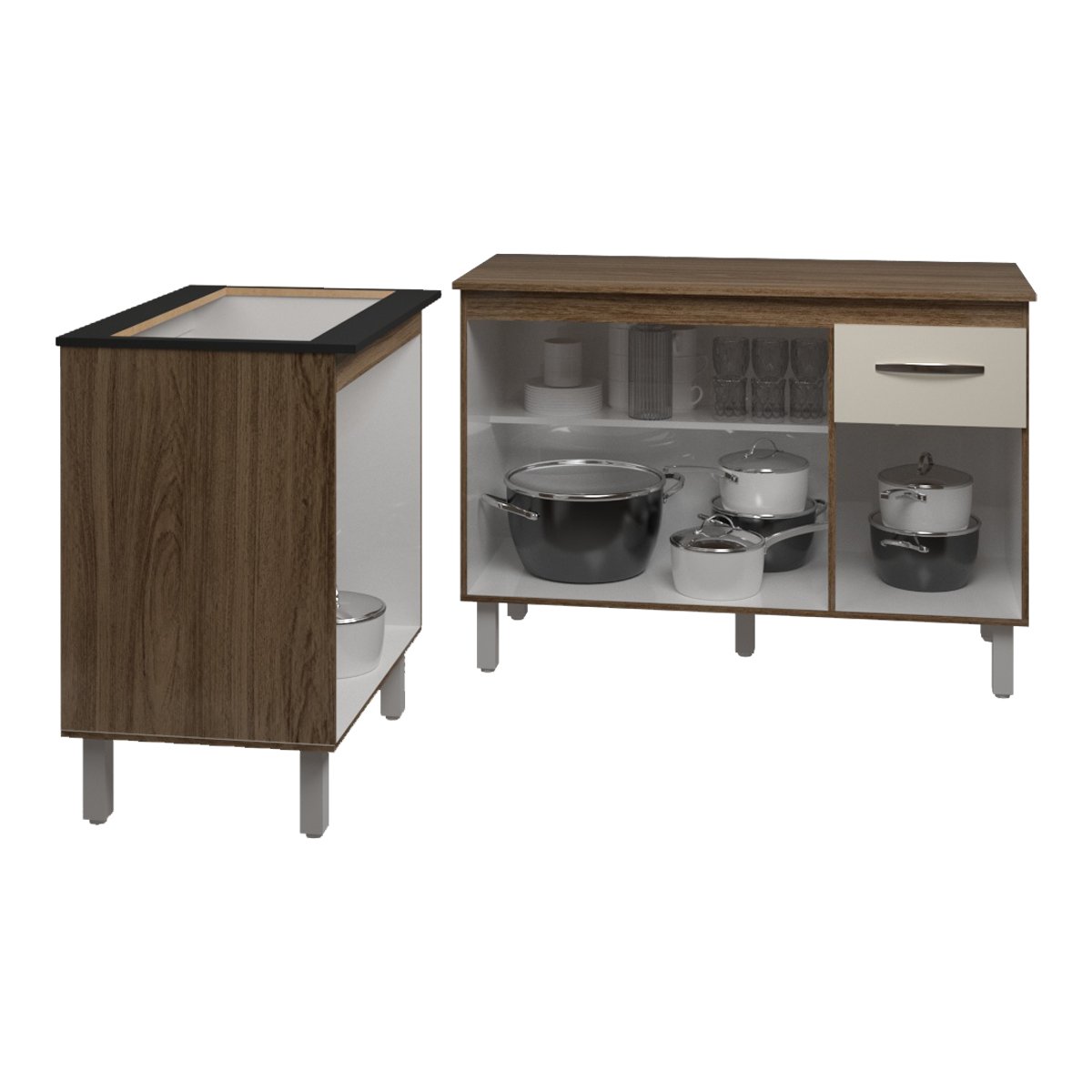 Balcão Para Cooktop 5 Bocas Fran e Armário Aline 118 cm Cozinha Gabinete Savana Off White com Tampo Tampão Savana 