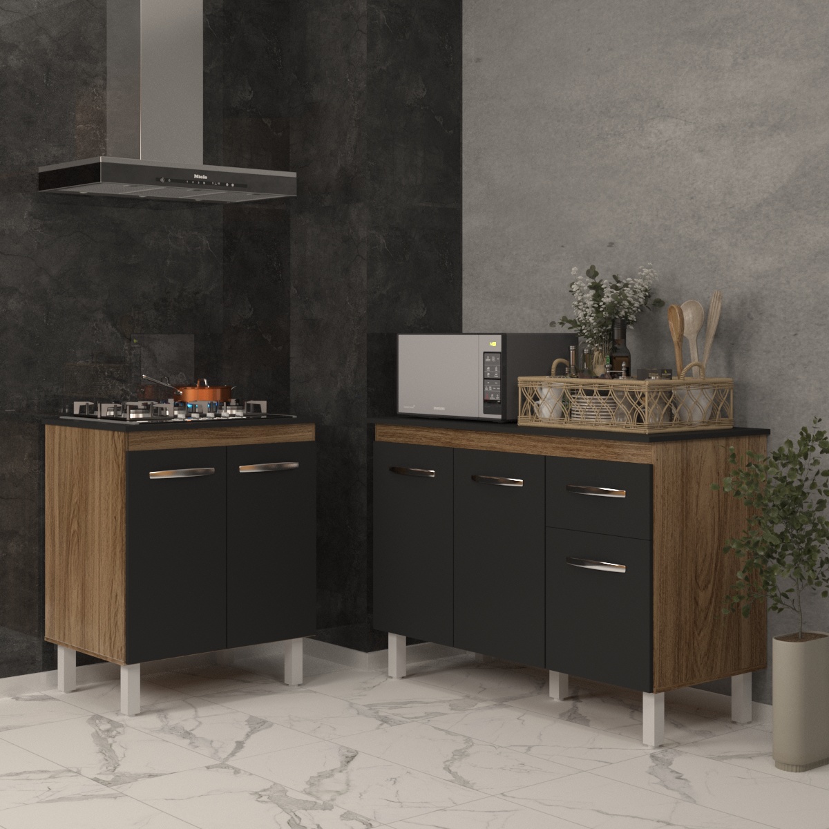 Balcão Para Cooktop 5 Bocas Fran e Armário Aline 118 cm Cozinha Gabinete Savana Preto com Tampo Tampão Preto 