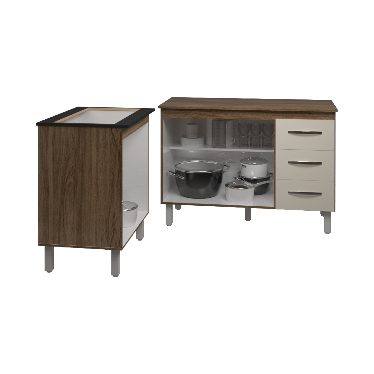 Balcão Para Cooktop 5 Bocas Fran e Armário Bruna 118 cm Cozinha Gabinete Savana Off White com Tampo Tampão Savana 