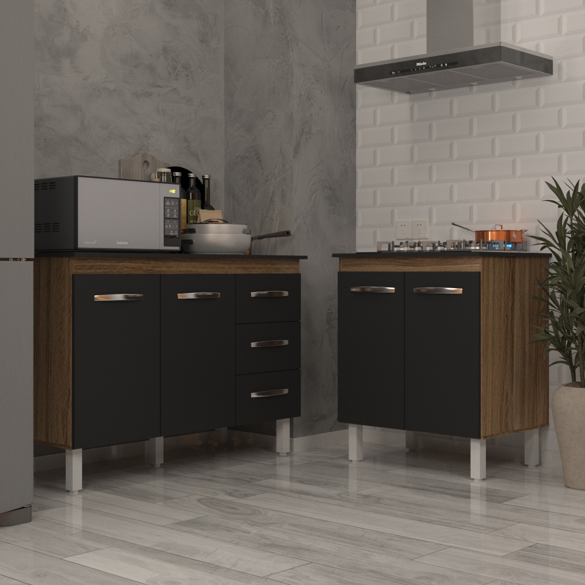 Balcão Para Cooktop 5 Bocas Fran e Armário Bruna 118 cm Cozinha Gabinete Savana Preto com Tampo Tampão Preto 