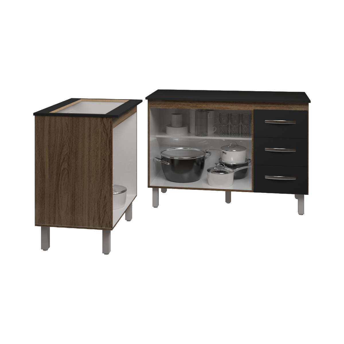 Balcão Para Cooktop 5 Bocas Fran e Armário Bruna 118 cm Cozinha Gabinete Savana Preto com Tampo Tampão Preto 