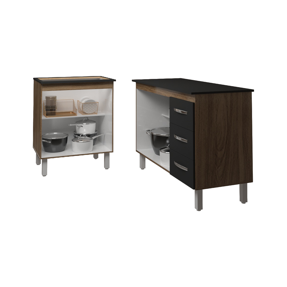 Balcão Para Cooktop 5 Bocas Fran e Armário Bruna 118 cm Cozinha Gabinete Savana Preto com Tampo Tampão Preto 