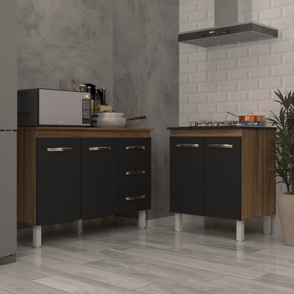 Balcão Para Cooktop 5 Bocas Fran e Armário Bruna 118 cm Cozinha Gabinete Savana Preto com Tampo Tampão Savana 