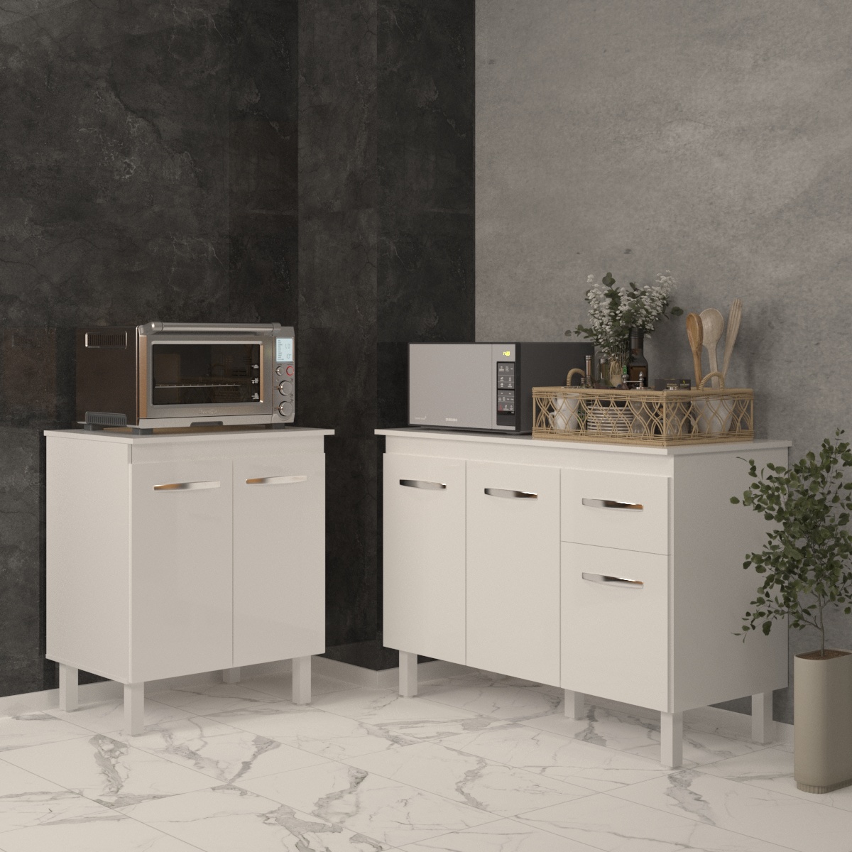 Balcão Para Microondas ou Forno Branco e Armário Aline 118 cm Cozinha Gabinete Branco com Tampo Tampão Branco 