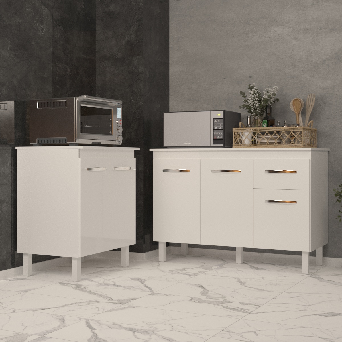 Balcão Para Microondas ou Forno Branco e Armário Aline 118 cm Cozinha Gabinete Branco com Tampo Tampão Branco 