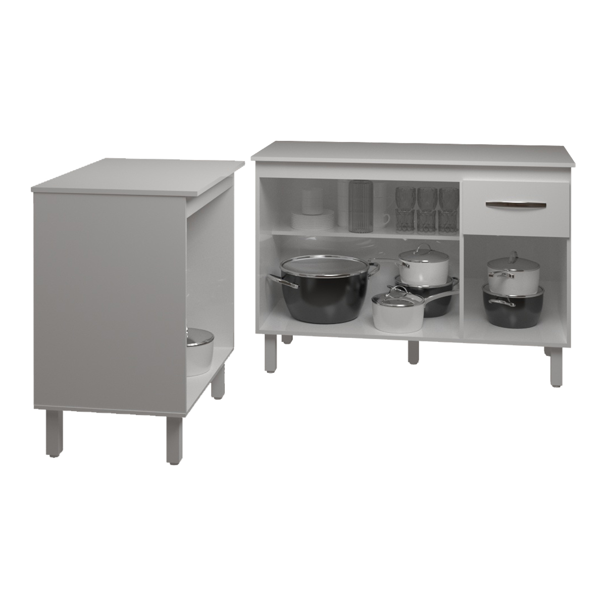 Balcão Para Microondas ou Forno Branco e Armário Aline 118 cm Cozinha Gabinete Branco com Tampo Tampão Branco 