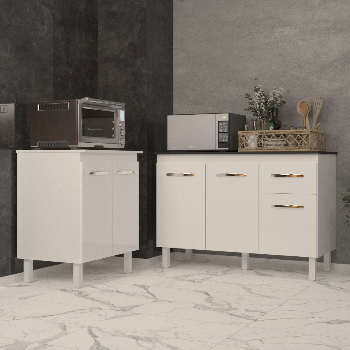 Balcão Para Microondas ou Forno Branco e Armário Aline 118 cm Cozinha Gabinete Branco com Tampo Tampão Preto 