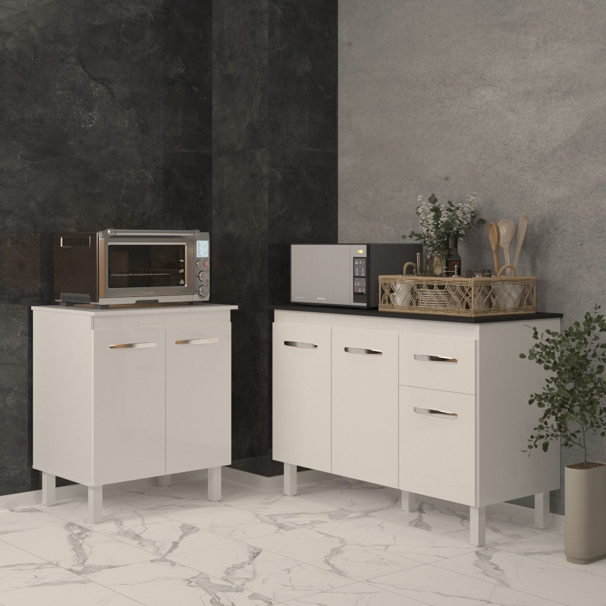 Balcão Para Microondas ou Forno Branco e Armário Aline 118 cm Cozinha Gabinete Branco com Tampo Tampão Preto 
