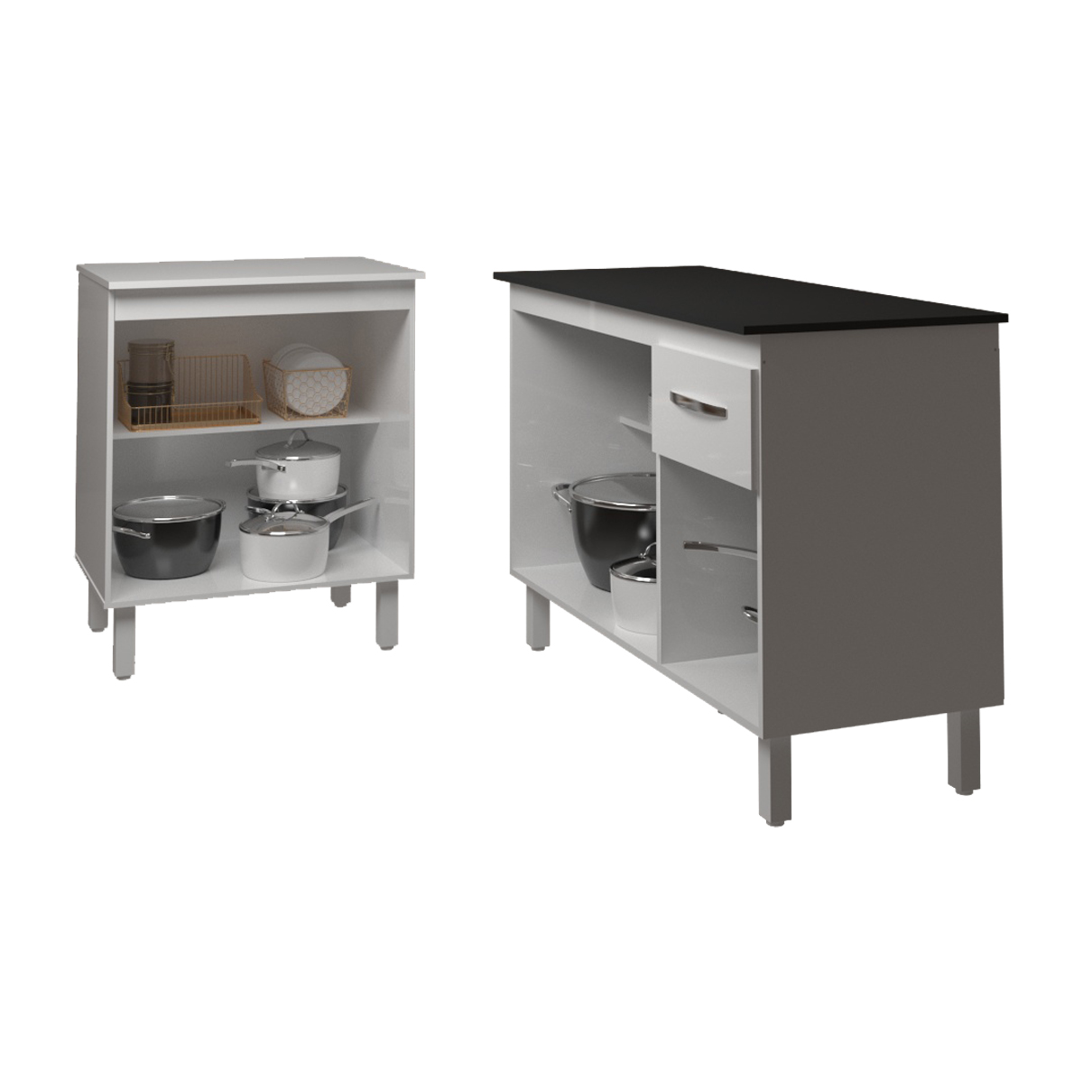 Balcão Para Microondas ou Forno Branco e Armário Aline 118 cm Cozinha Gabinete Branco com Tampo Tampão Preto 