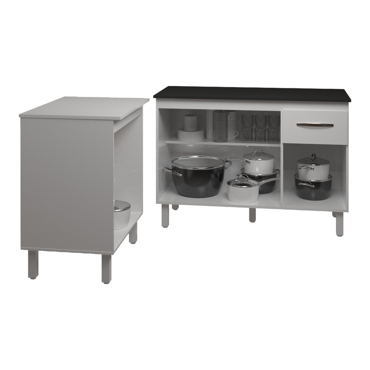 Balcão Para Microondas ou Forno Branco e Armário Aline 118 cm Cozinha Gabinete Branco com Tampo Tampão Preto 