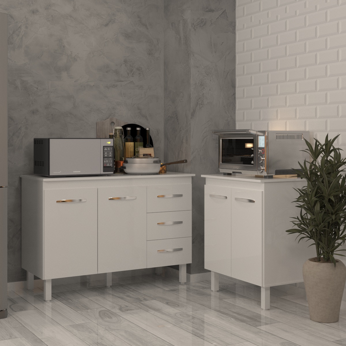 Balcão Para Microondas ou Forno Branco e Armário Bruna 118 cm Cozinha Gabinete Branco com Tampo Tampão Branco 