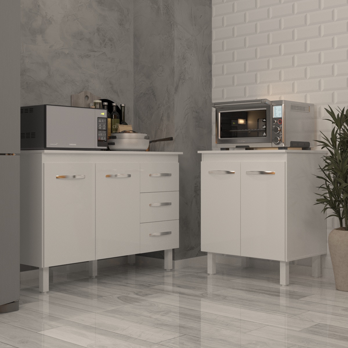 Balcão Para Microondas ou Forno Branco e Armário Bruna 118 cm Cozinha Gabinete Branco com Tampo Tampão Branco 