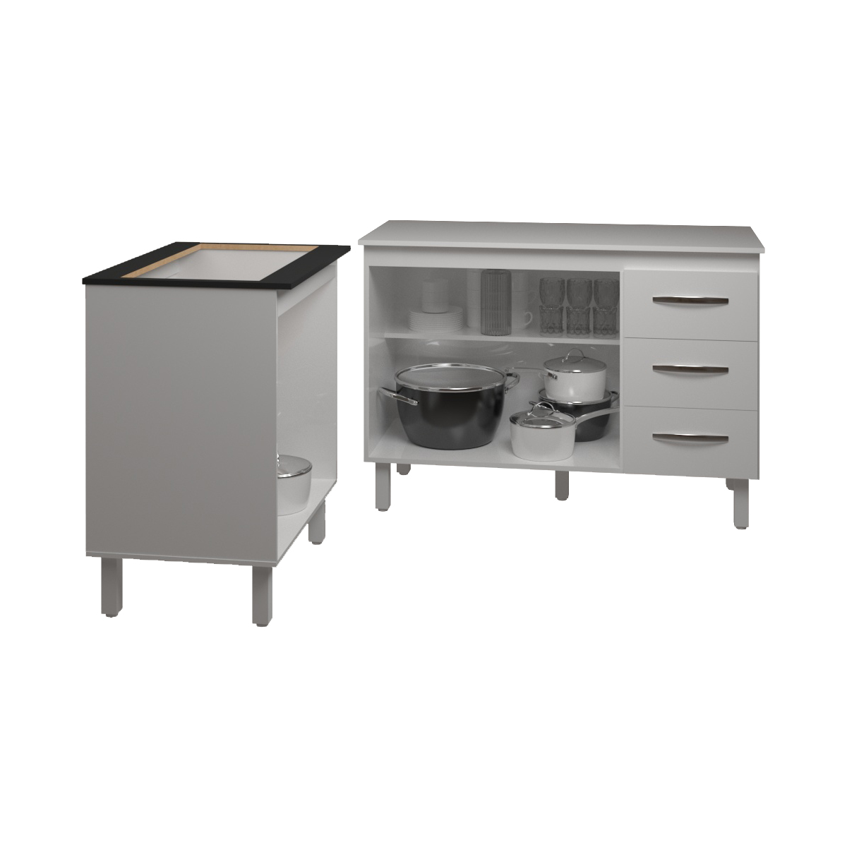 Balcão Para Microondas ou Forno Branco e Armário Bruna 118 cm Cozinha Gabinete Branco com Tampo Tampão Branco 