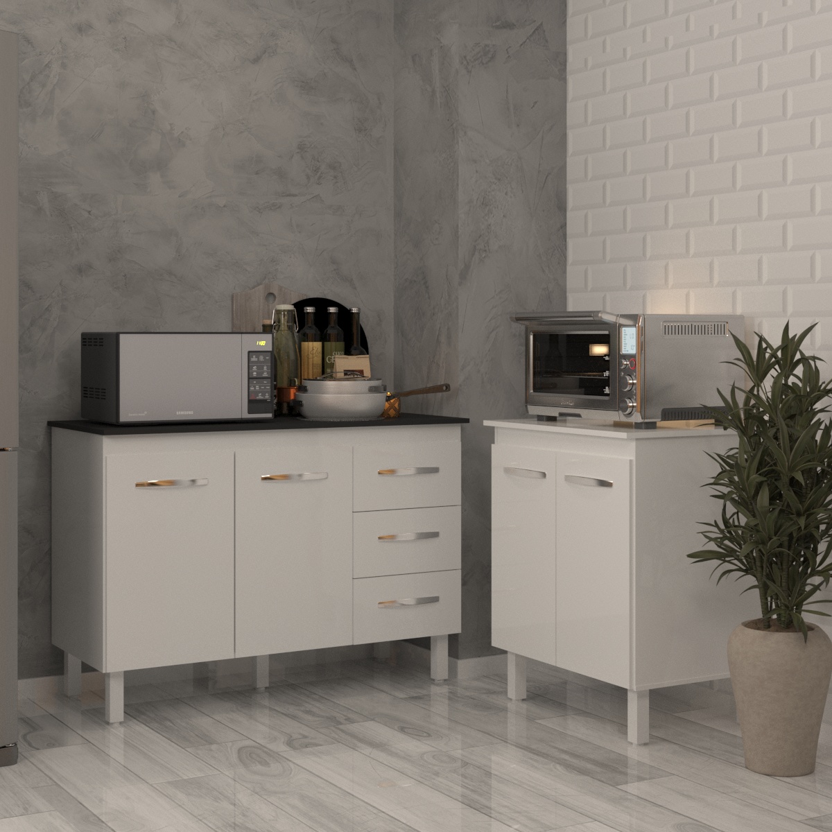 Balcão Para Microondas ou Forno Branco e Armário Bruna 118 cm Cozinha Gabinete Branco com Tampo Tampão Preto 