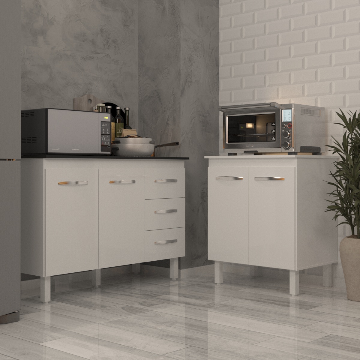 Balcão Para Microondas ou Forno Branco e Armário Bruna 118 cm Cozinha Gabinete Branco com Tampo Tampão Preto 