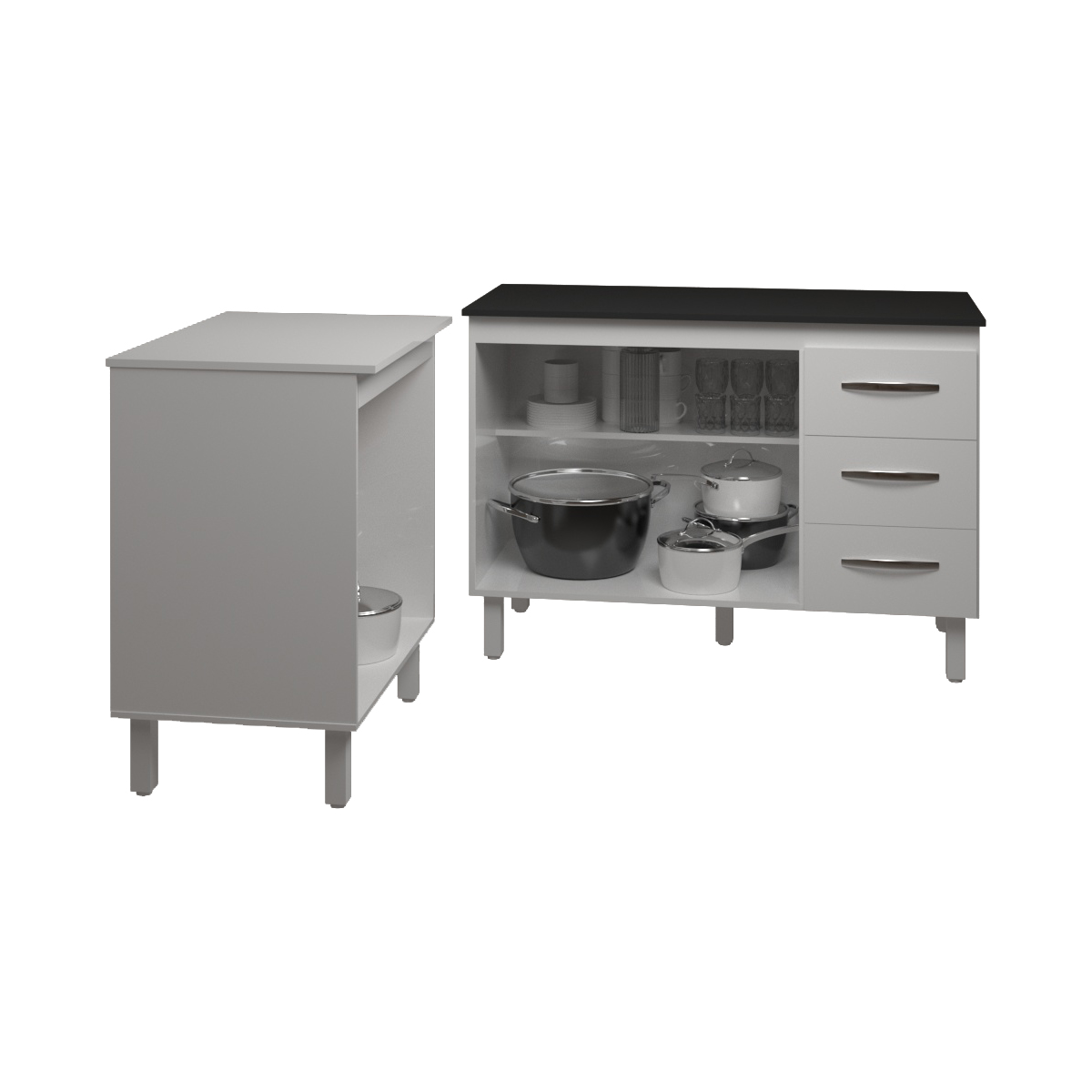 Balcão Para Microondas ou Forno Branco e Armário Bruna 118 cm Cozinha Gabinete Branco com Tampo Tampão Preto 