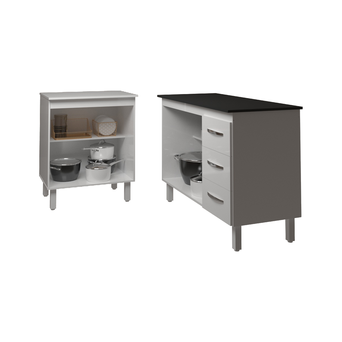 Balcão Para Microondas ou Forno Branco e Armário Bruna 118 cm Cozinha Gabinete Branco com Tampo Tampão Preto 