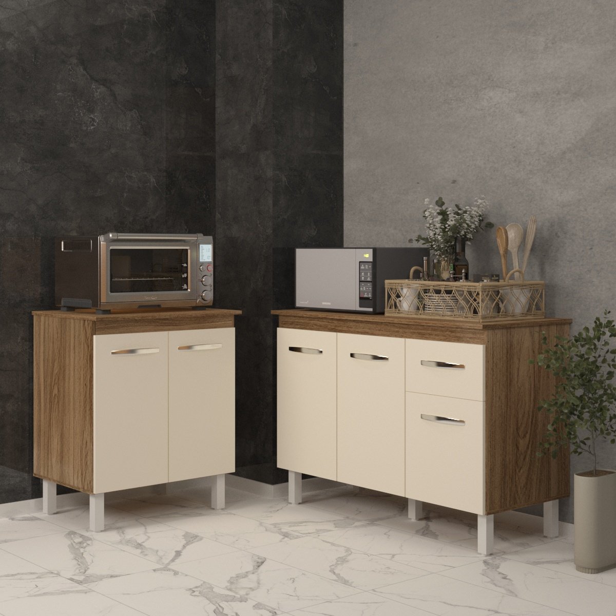 Balcão Para Microondas ou Forno e Armário Aline 118 cm Cozinha Gabinete Savana Off White com Tampo Tampão Savana 