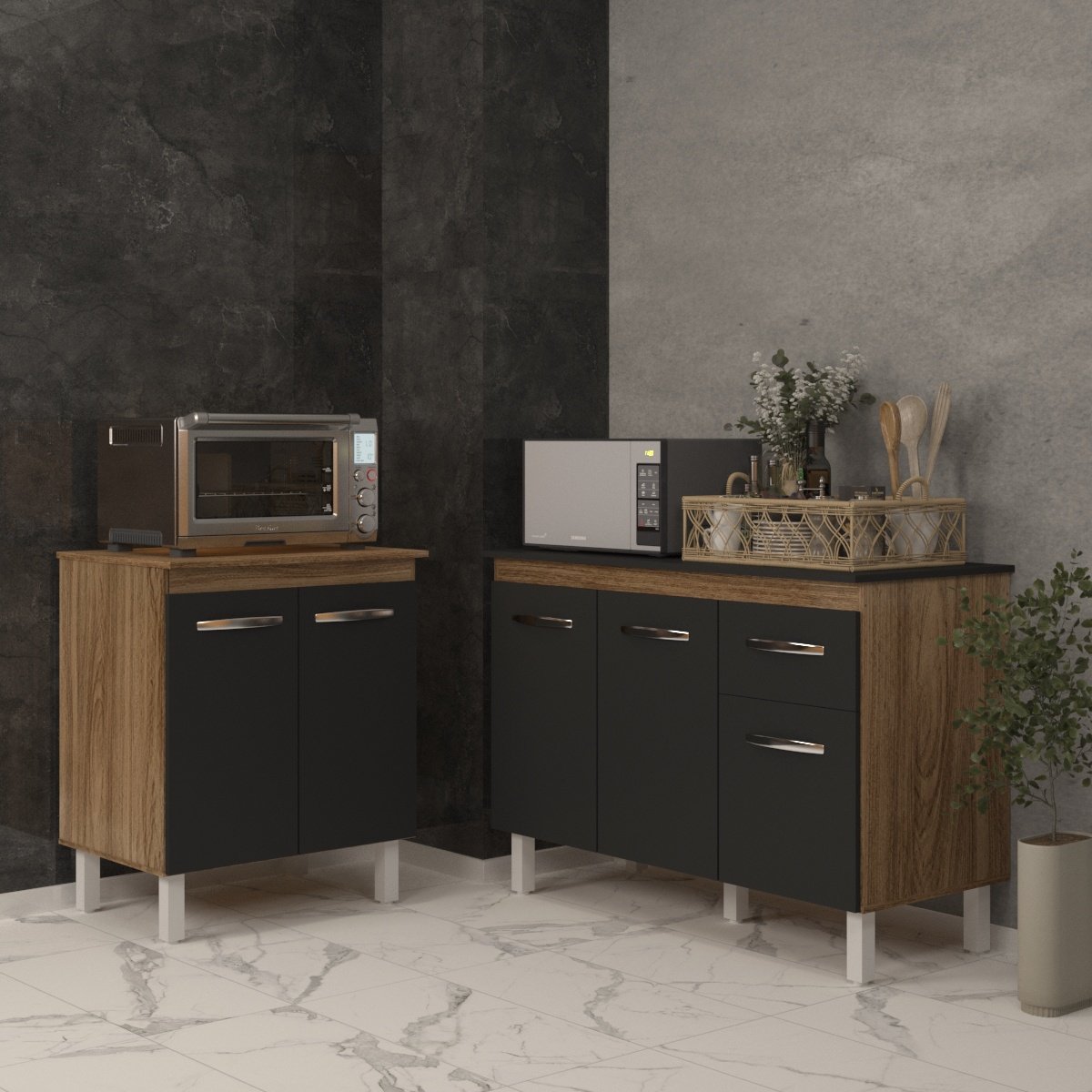 Balcão Para Microondas ou Forno e Armário Aline 118 cm Cozinha Gabinete Savana Preto com Tampo Tampão Preto 