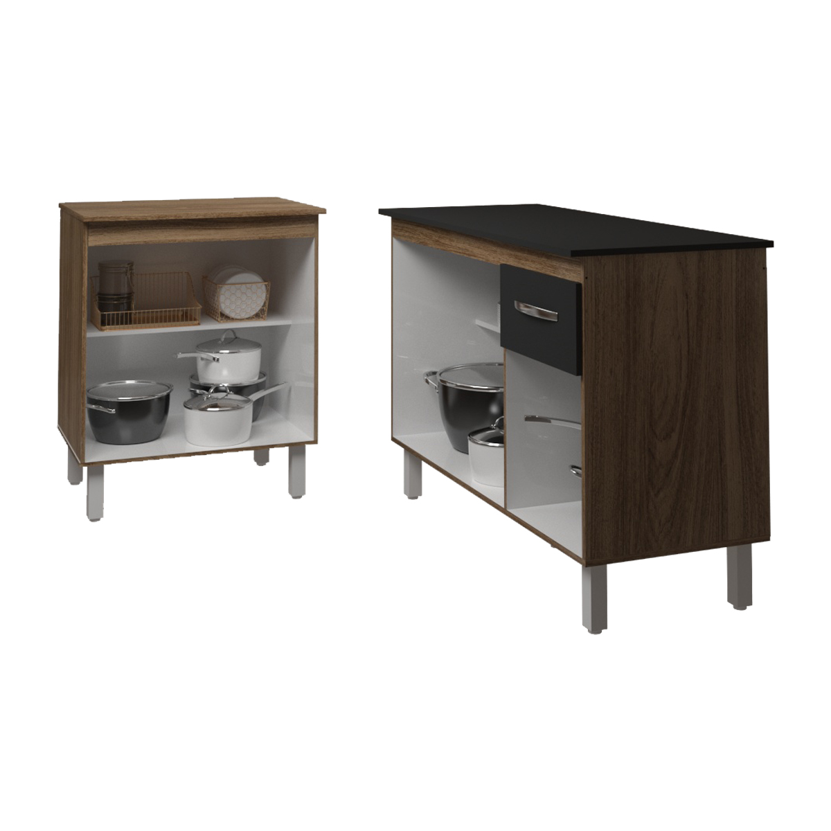 Balcão Para Microondas ou Forno e Armário Aline 118 cm Cozinha Gabinete Savana Preto com Tampo Tampão Preto 