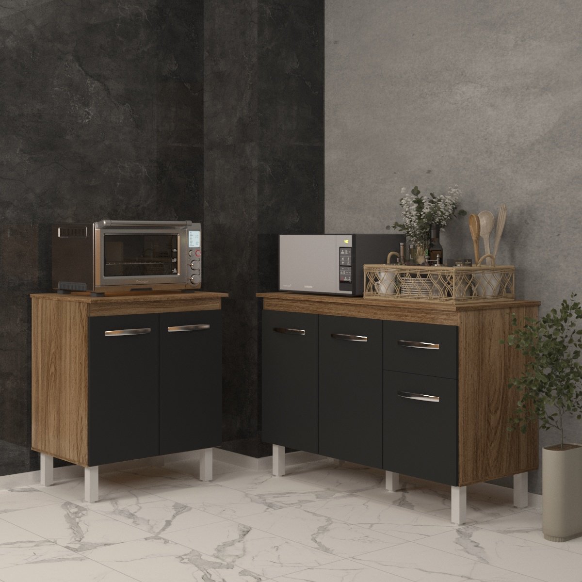 Balcão Para Microondas ou Forno e Armário Aline 118 cm Cozinha Gabinete Savana Preto com Tampo Tampão Savana 