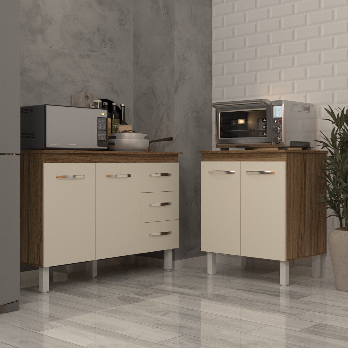 Balcão Para Microondas ou Forno e Armário Bruna 118 cm Cozinha Gabinete Savana Off White com Tampo Tampão Savana 