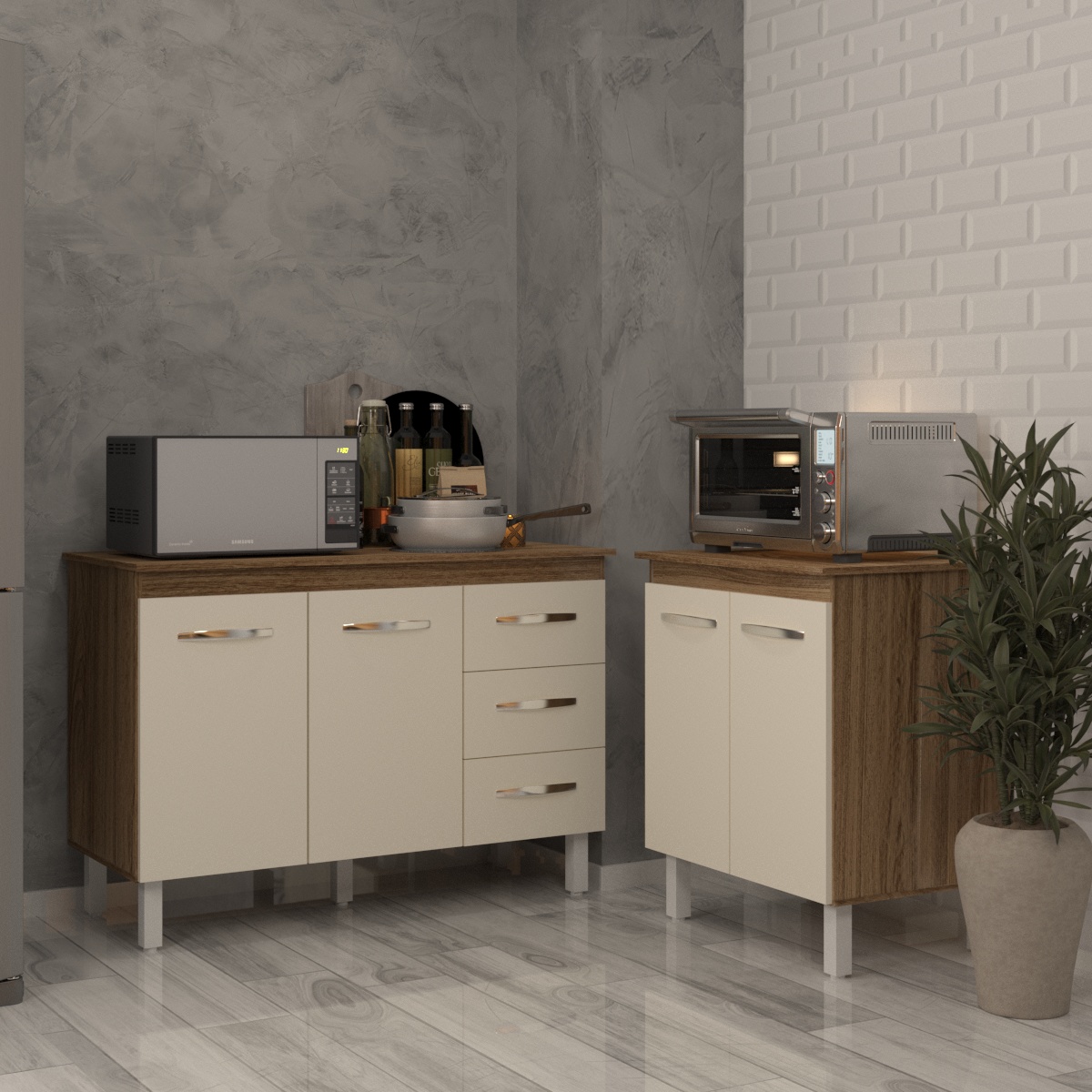 Balcão Para Microondas ou Forno e Armário Bruna 118 cm Cozinha Gabinete Savana Off White com Tampo Tampão Savana 