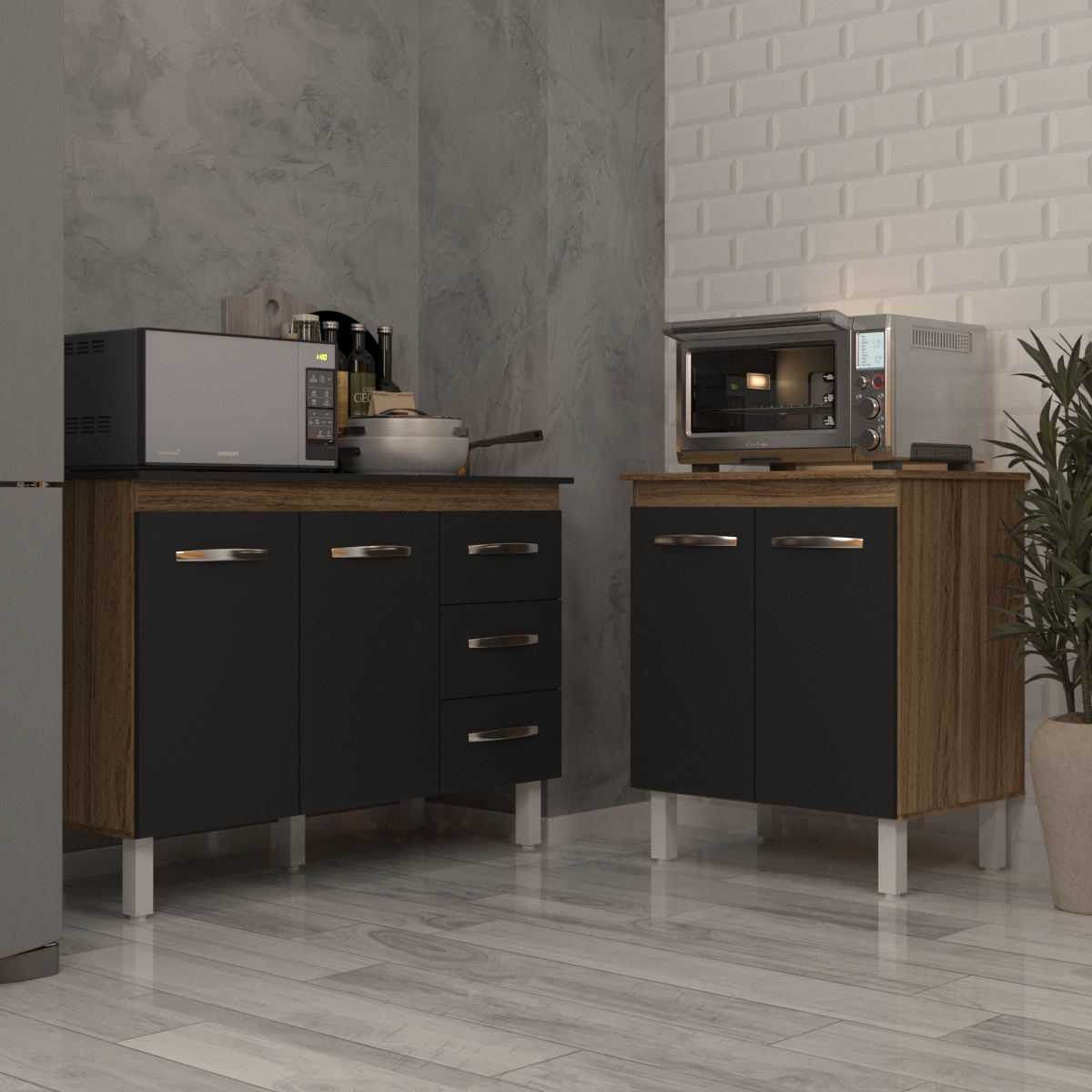 Balcão Para Microondas ou Forno e Armário Bruna 118 cm Cozinha Gabinete Savana Preto com Tampo Tampão Preto 