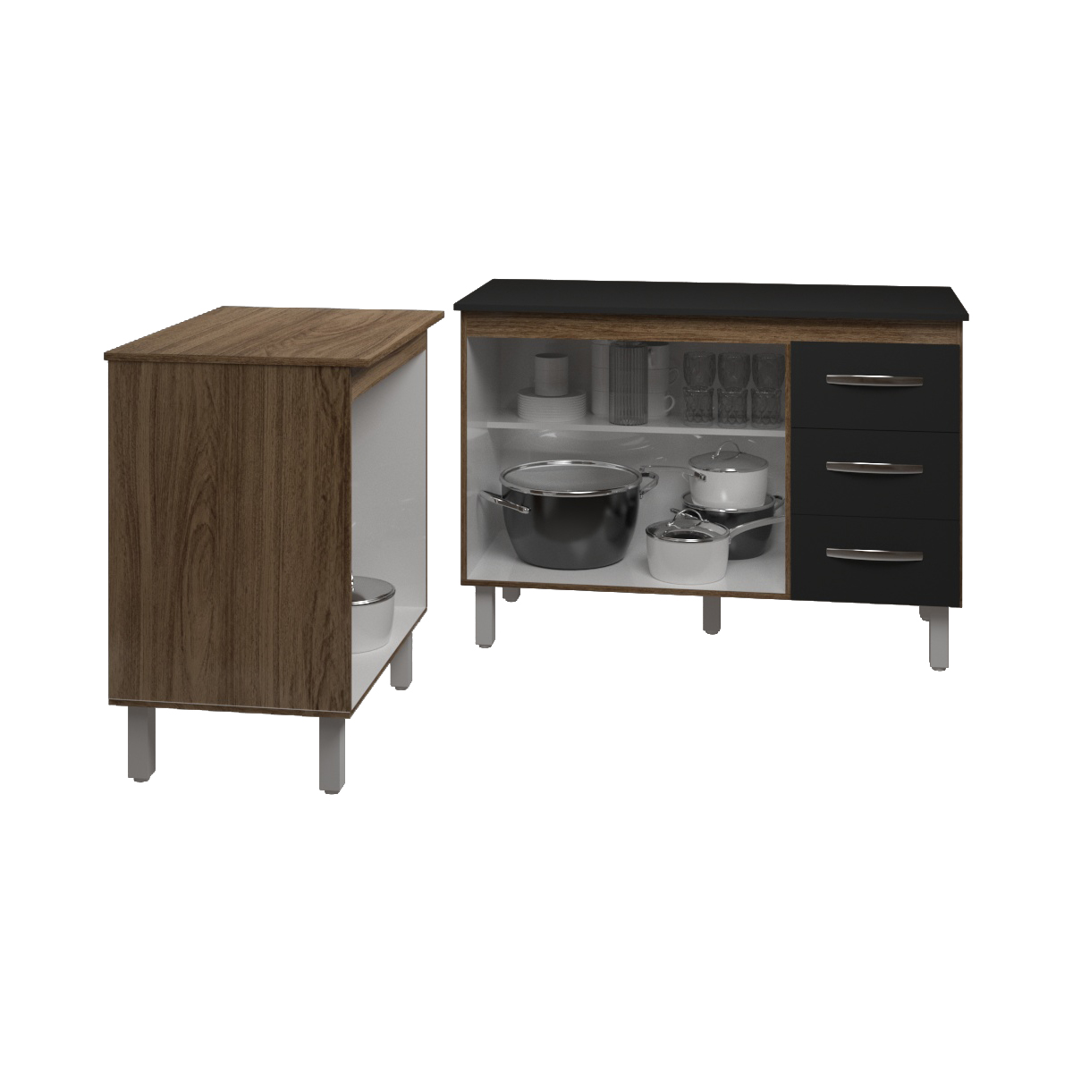 Balcão Para Microondas ou Forno e Armário Bruna 118 cm Cozinha Gabinete Savana Preto com Tampo Tampão Preto 