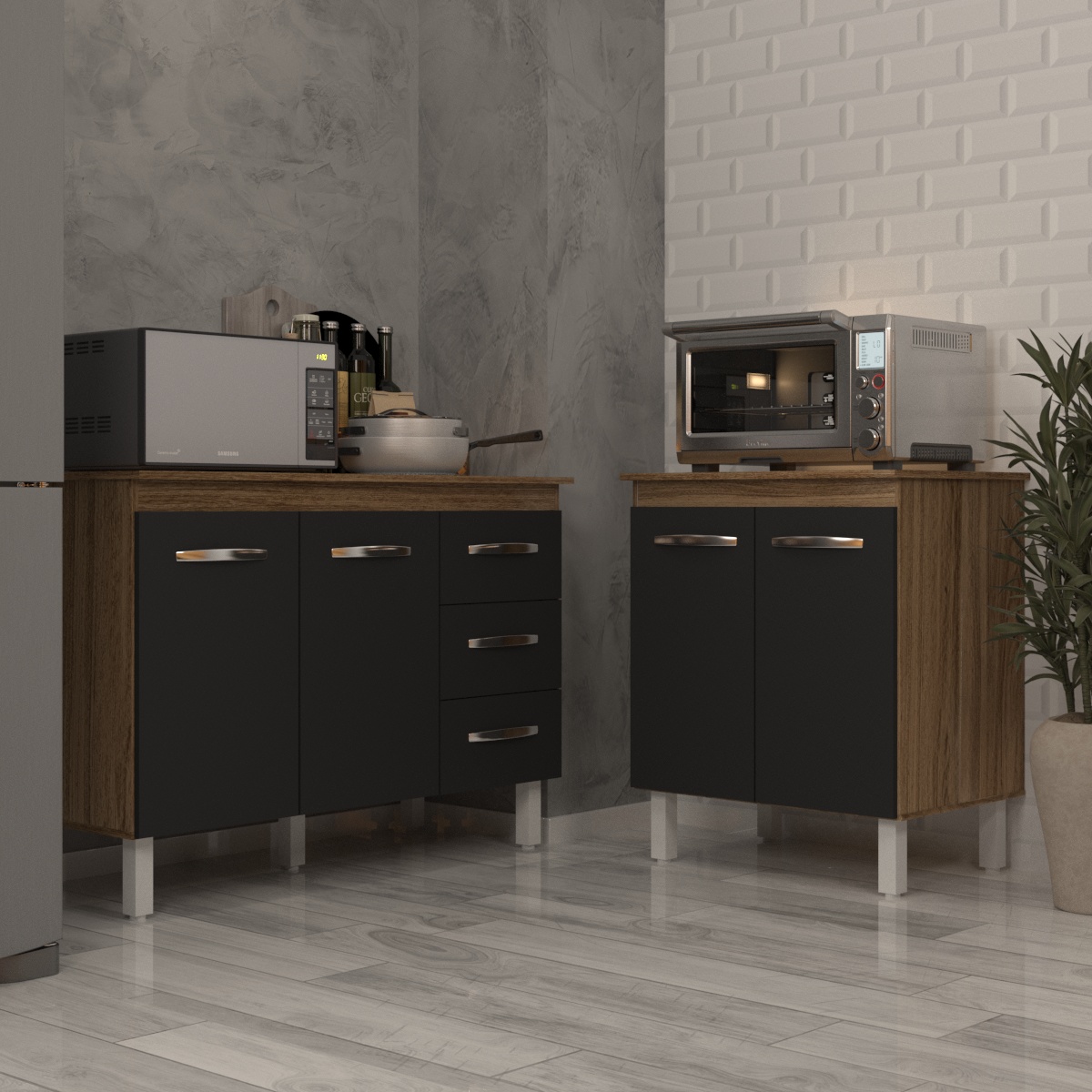 Balcão Para Microondas ou Forno e Armário Bruna 118 cm Cozinha Gabinete Savana Preto com Tampo Tampão Savana 