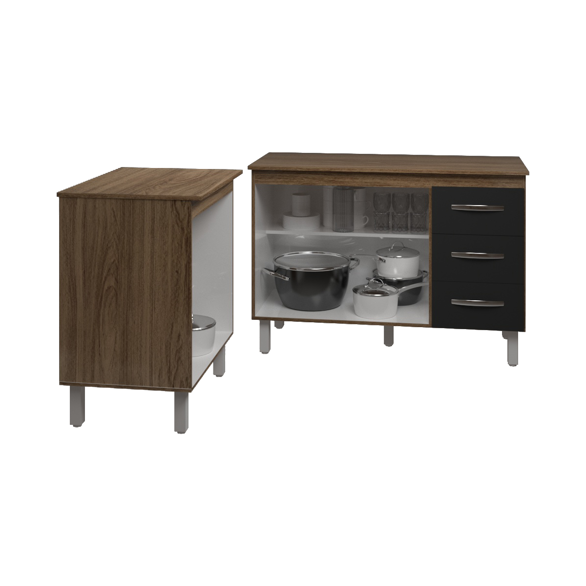 Balcão Para Microondas ou Forno e Armário Bruna 118 cm Cozinha Gabinete Savana Preto com Tampo Tampão Savana 