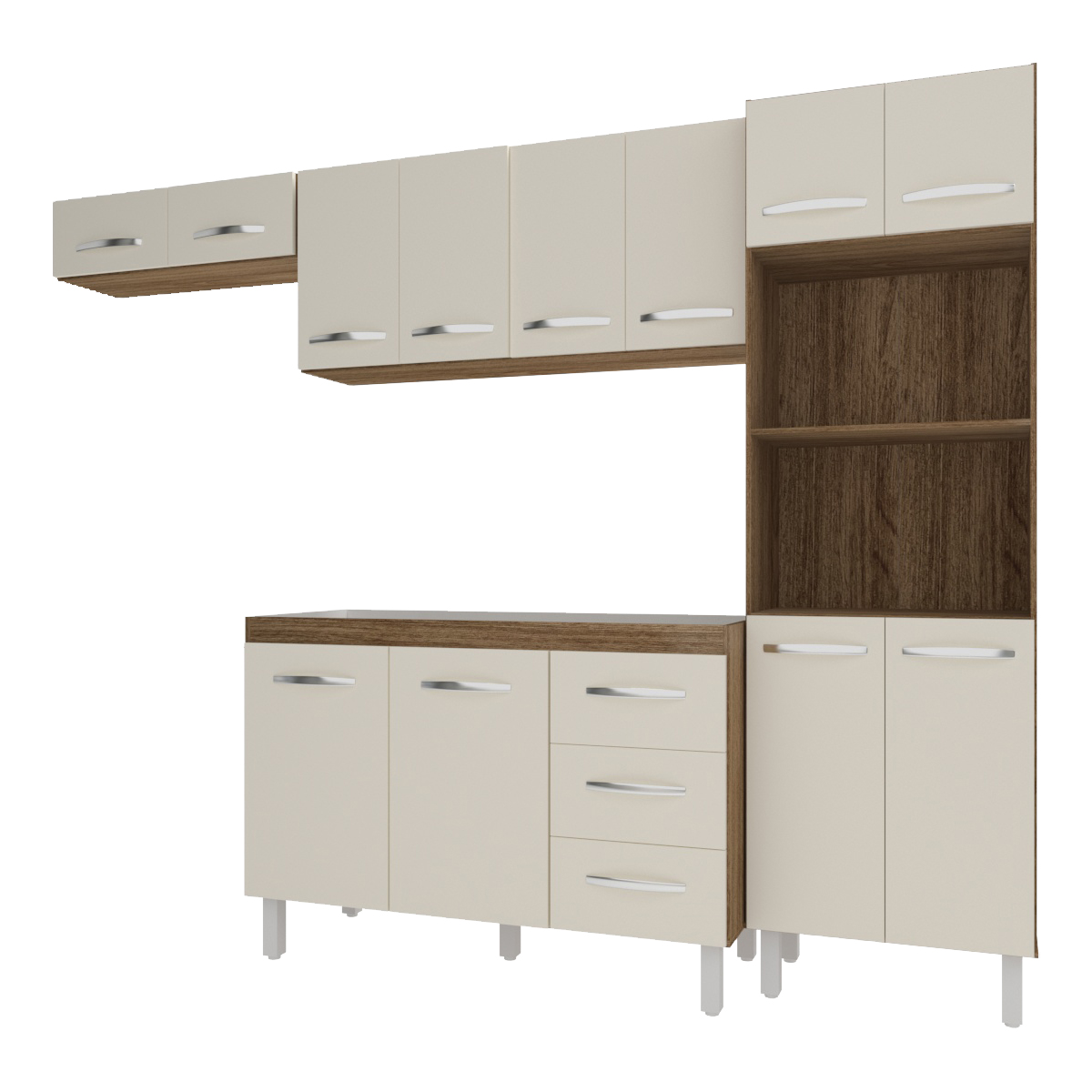 Cozinha 4 Peças Balcão Bruna Armário Suspenso Aéreo 118 cm Aéreo de Geladeira Paneleiro Torre Quente Savana Off White 