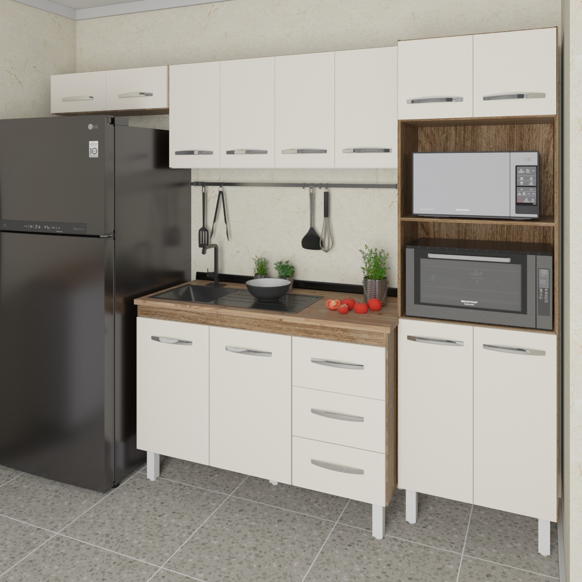Cozinha 4 Peças Balcão Bruna Armário Suspenso Aéreo 118 cm Aéreo de Geladeira Paneleiro Torre Quente Savana Off White 