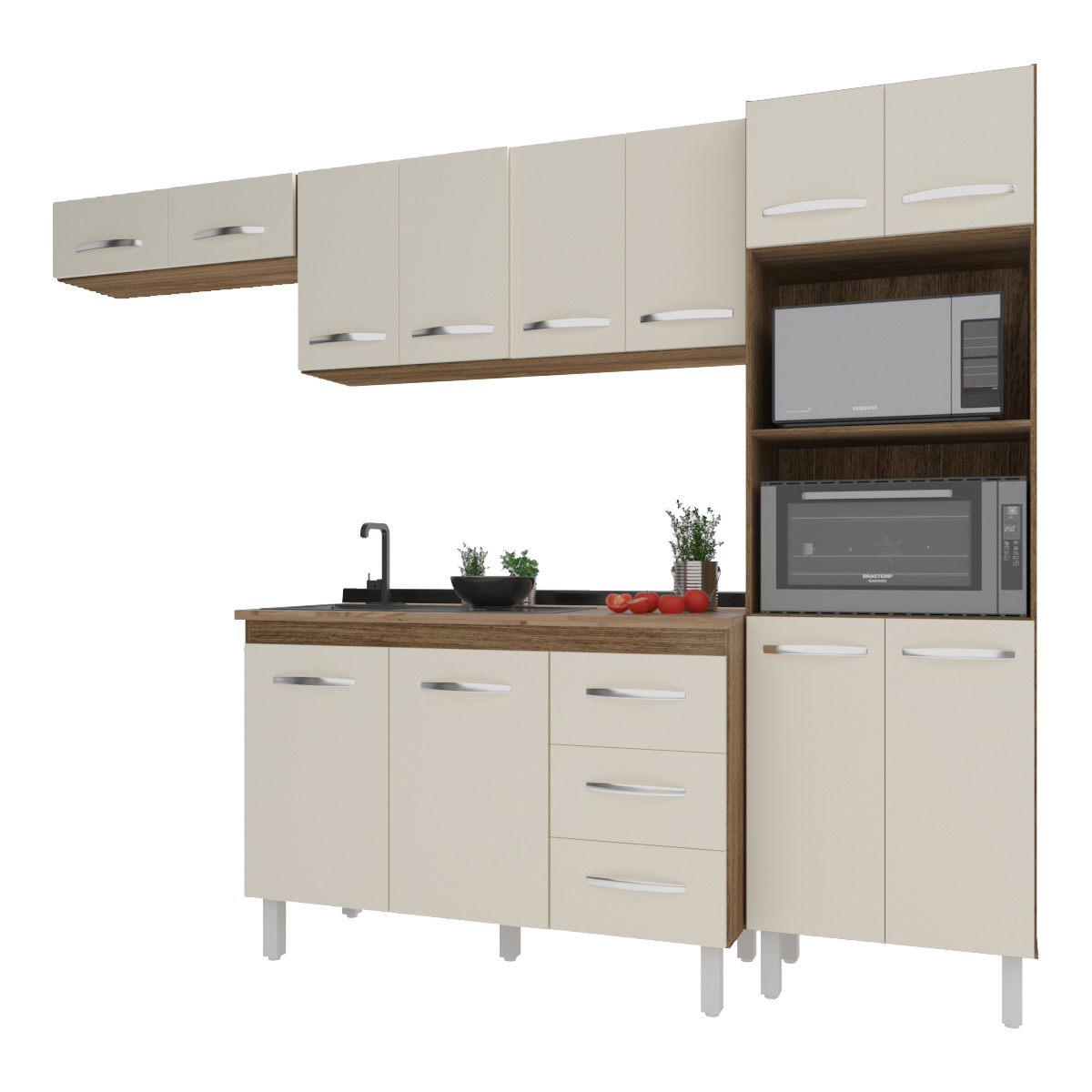 Cozinha 4 Peças Balcão Bruna Armário Suspenso Aéreo 118 cm Aéreo de Geladeira Paneleiro Torre Quente Savana Off White 