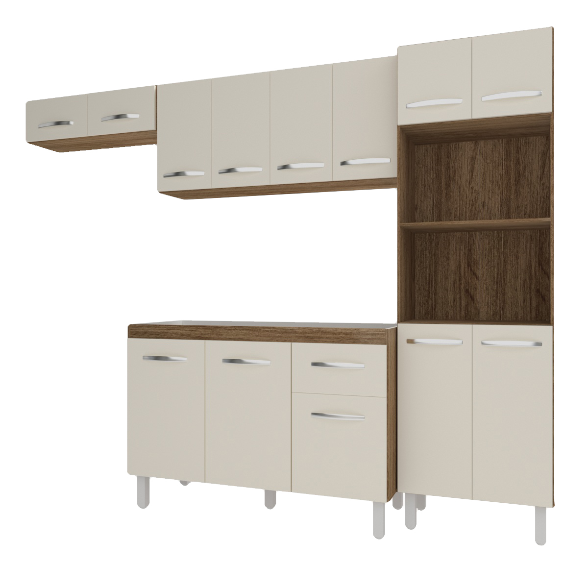 Cozinha 4 Peças Paneleiro Torre Quente Armário Suspenso Aéreo 118 cm Aéreo de Geladeira Balcão Aline 3 Portas Savana Off White 