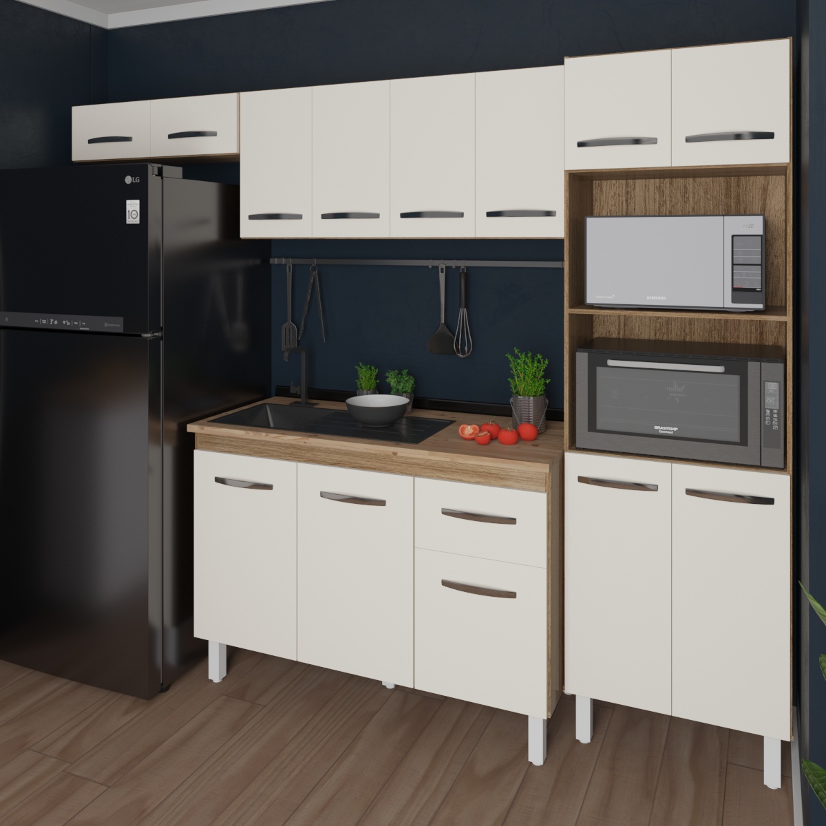 Cozinha 4 Peças Paneleiro Torre Quente Armário Suspenso Aéreo 118 cm Aéreo de Geladeira Balcão Aline 3 Portas Savana Off White 