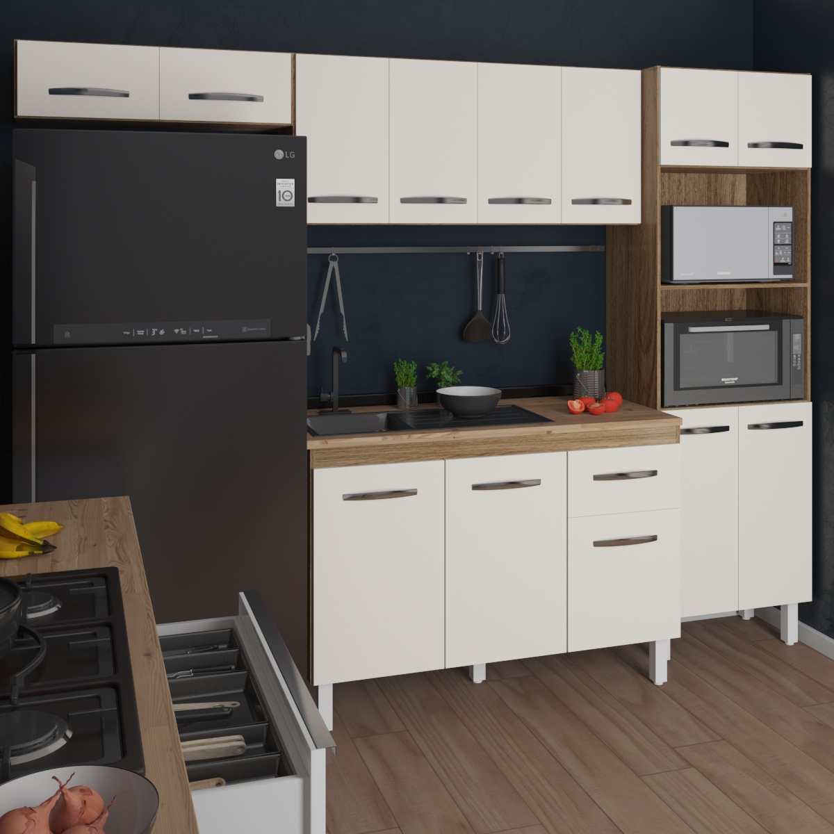 Cozinha 4 Peças Paneleiro Torre Quente Armário Suspenso Aéreo 118 cm Aéreo de Geladeira Balcão Aline 3 Portas Savana Off White 