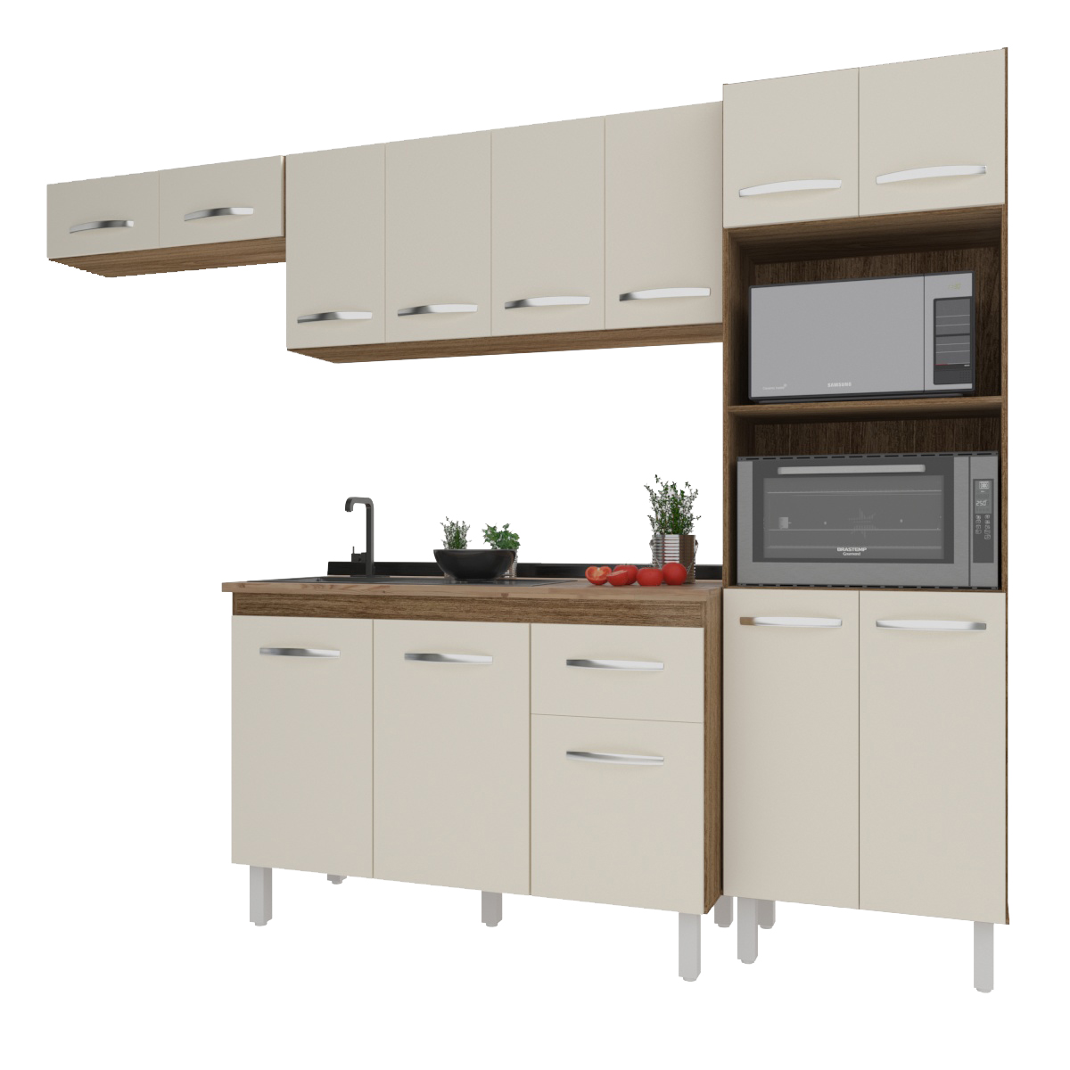 Cozinha 4 Peças Paneleiro Torre Quente Armário Suspenso Aéreo 118 cm Aéreo de Geladeira Balcão Aline 3 Portas Savana Off White 