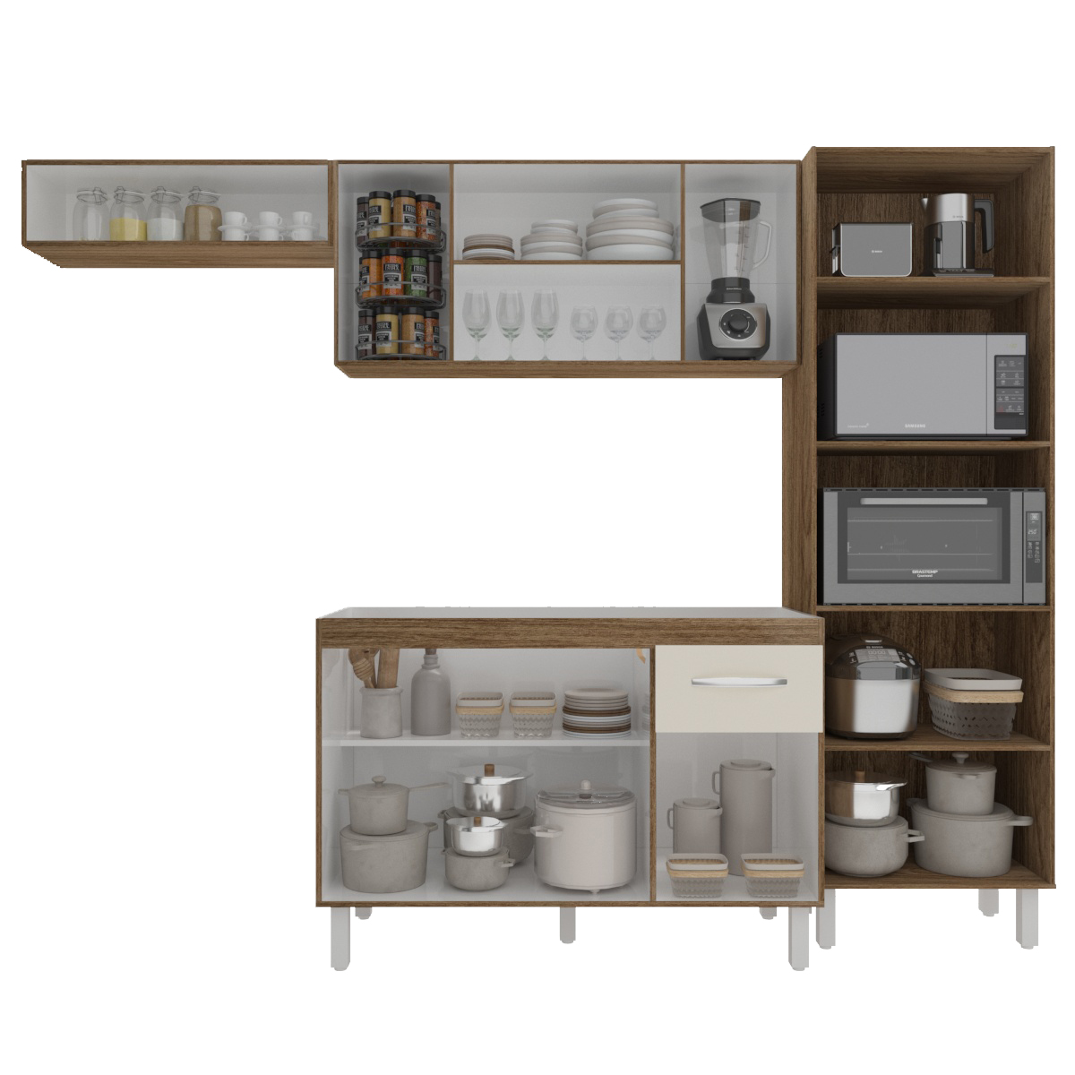 Cozinha 4 Peças Paneleiro Torre Quente Armário Suspenso Aéreo 118 cm Aéreo de Geladeira Balcão Aline 3 Portas Savana Off White 