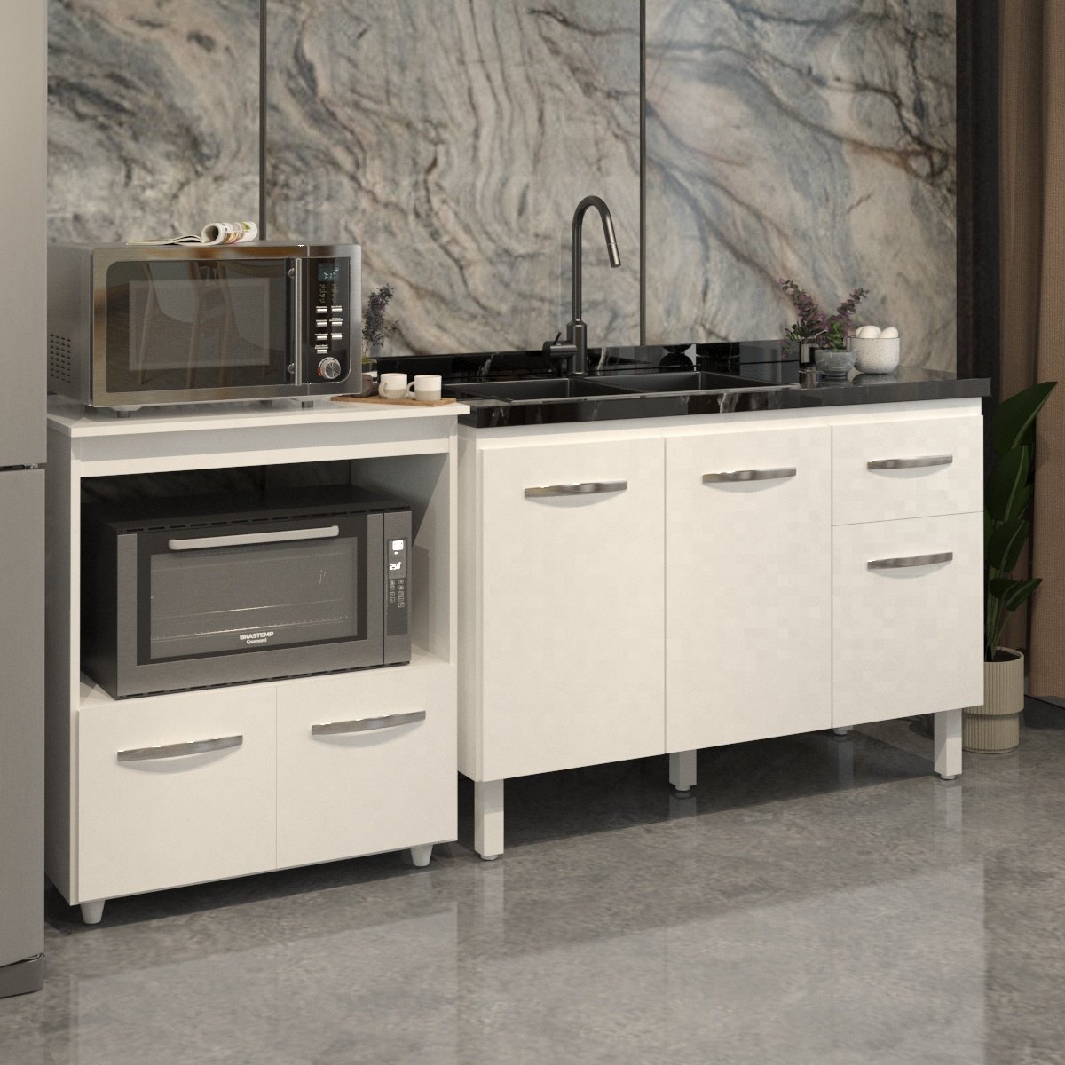 Cozinha Armário Balcão Gabinete de Pia Aline 120 cm e Balcão Amanda para Microondas e Forno Elétrico Branco 