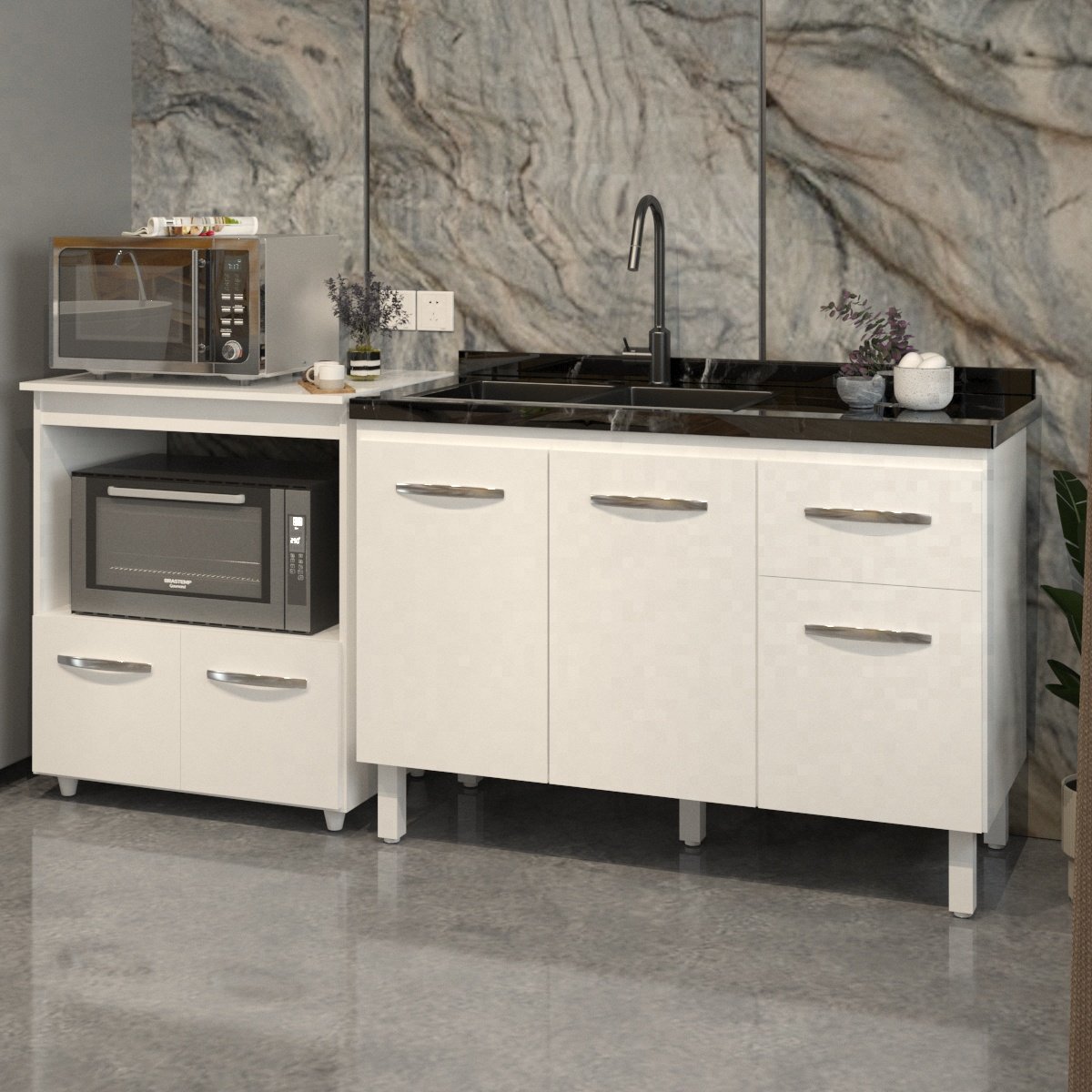 Cozinha Armário Balcão Gabinete de Pia Aline 120 cm e Balcão Amanda para Microondas e Forno Elétrico Branco 