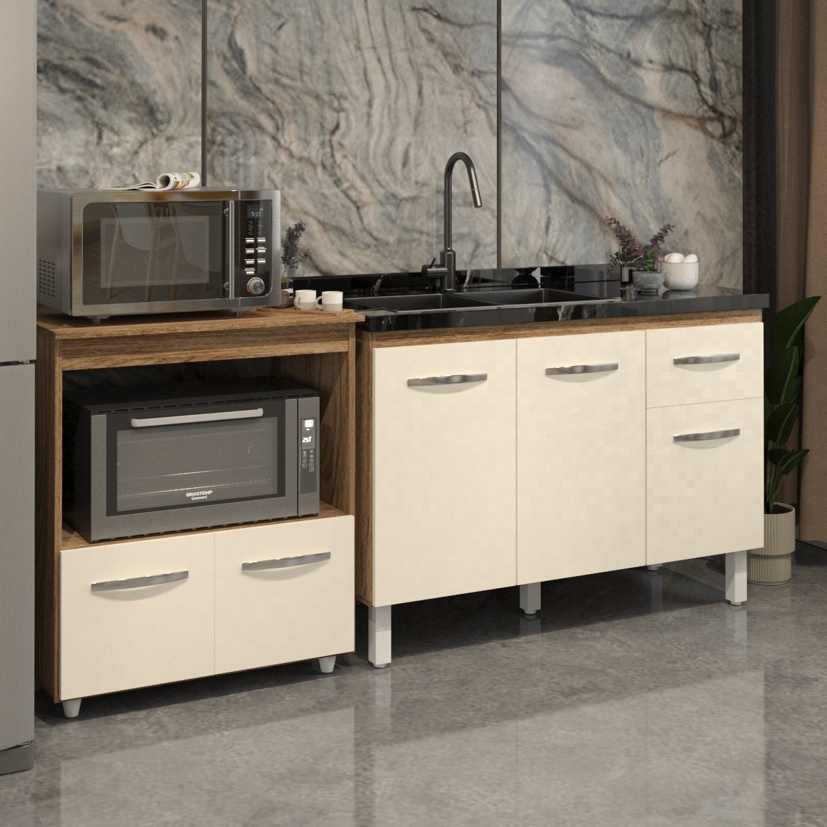 Cozinha Armário Balcão Gabinete de Pia Aline 120 cm e Balcão Amanda para Microondas e Forno Elétrico Savana Off White 
