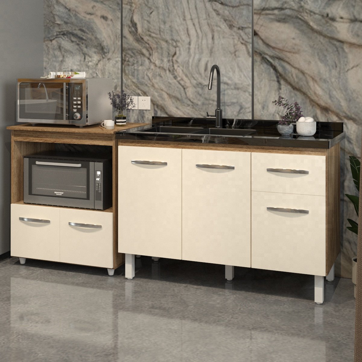 Cozinha Armário Balcão Gabinete de Pia Aline 120 cm e Balcão Amanda para Microondas e Forno Elétrico Savana Off White 