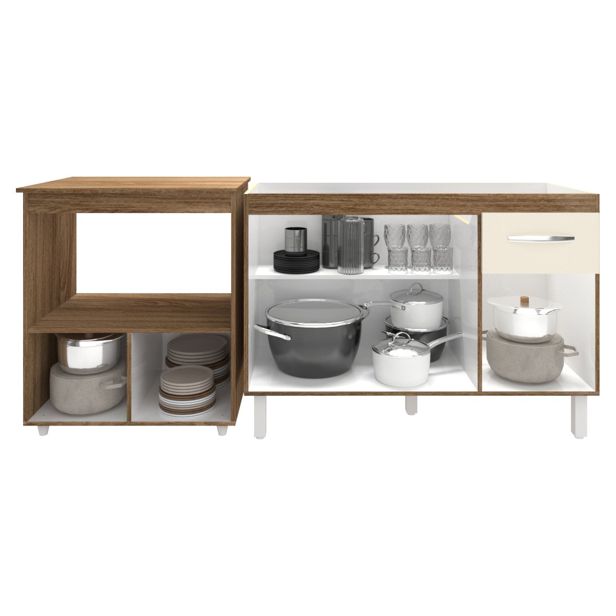 Cozinha Armário Balcão Gabinete de Pia Aline 120 cm e Balcão Amanda para Microondas e Forno Elétrico Savana Off White 