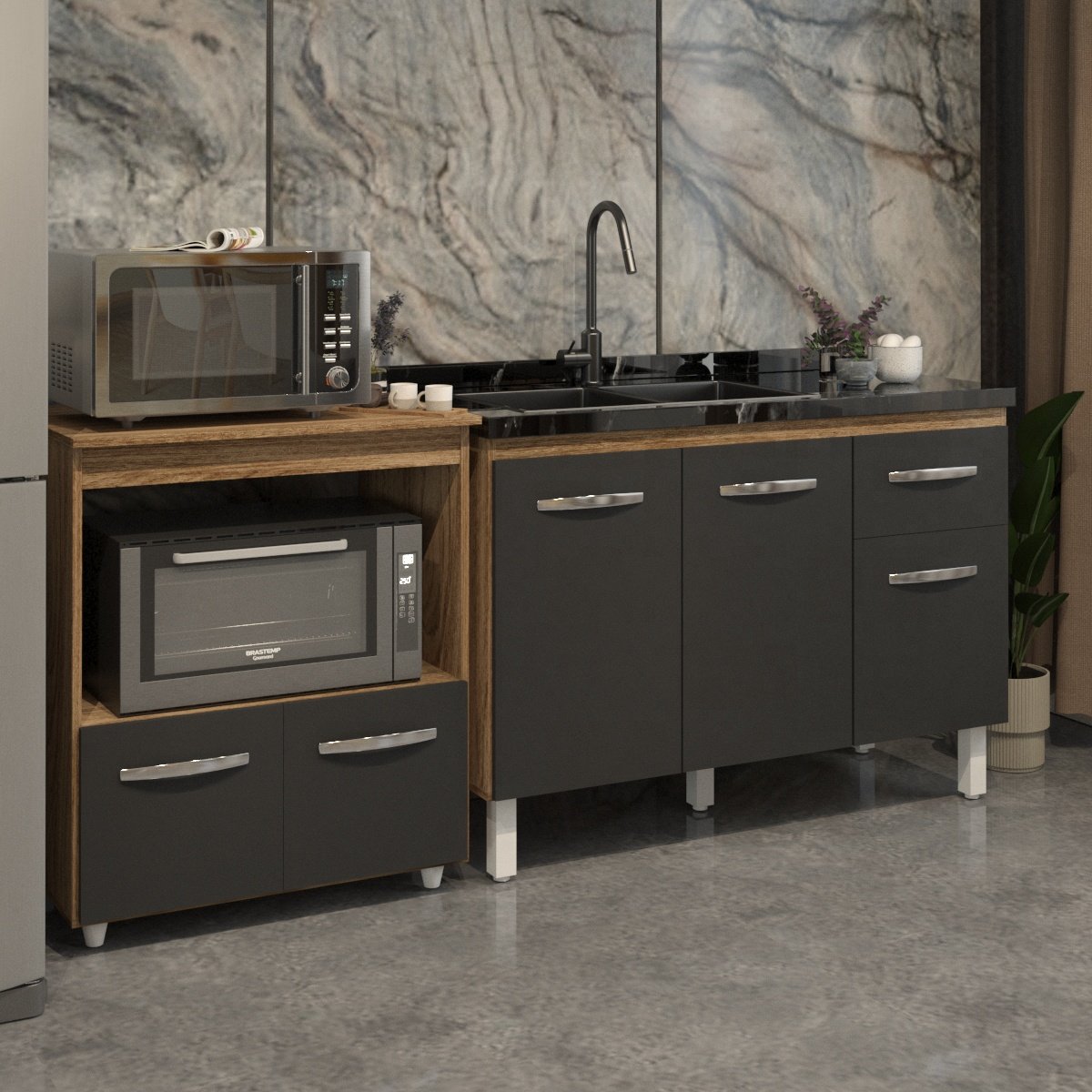 Cozinha Armário Balcão Gabinete de Pia Aline 120 cm e Balcão Amanda para Microondas e Forno Elétrico Savana Preto 